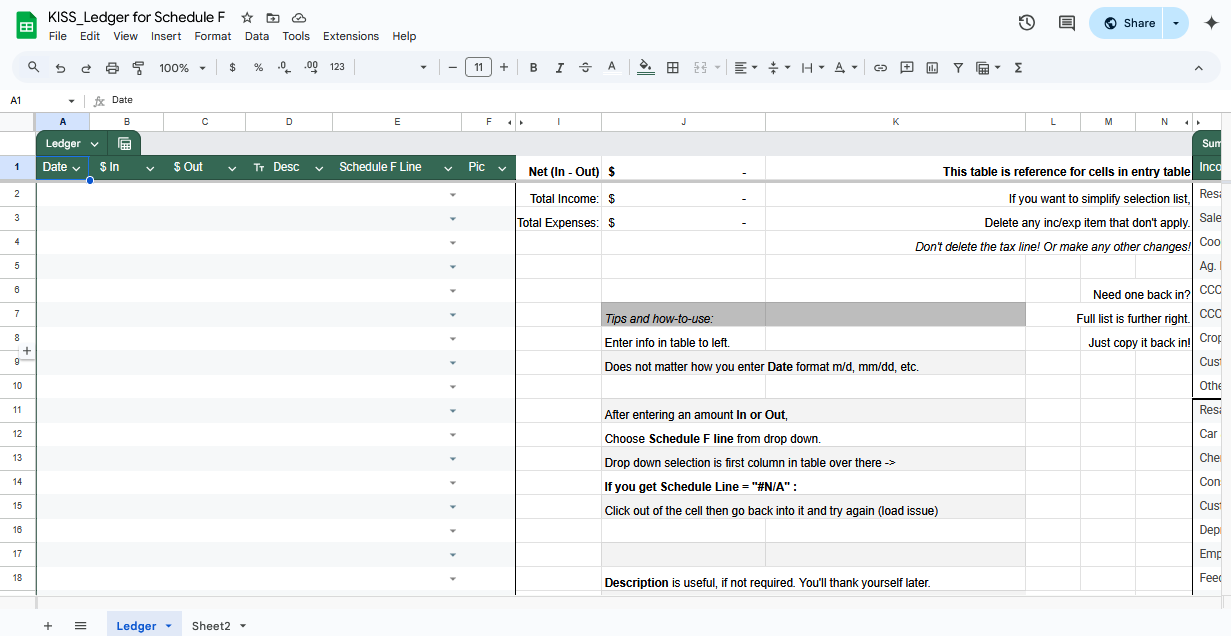 Companion Spreadshhet - Schedule F Ledger for Farmers