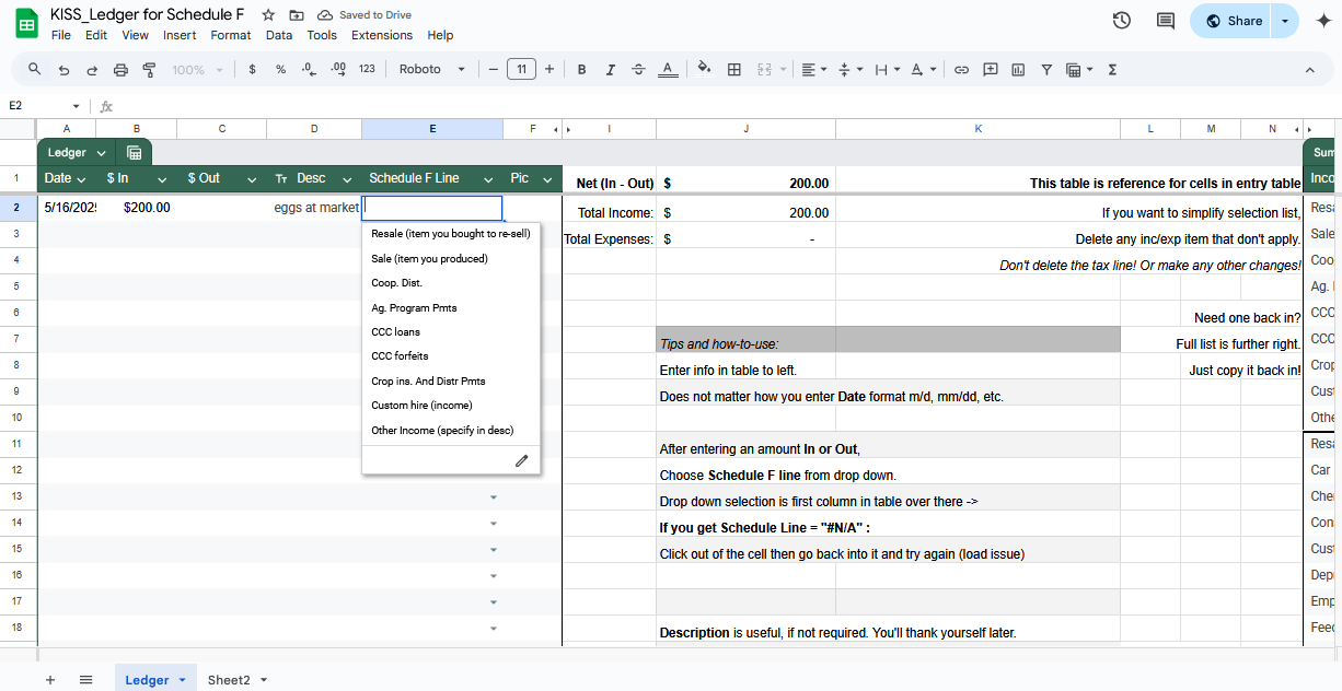 Companion Spreadshhet - Schedule F Ledger for Farmers