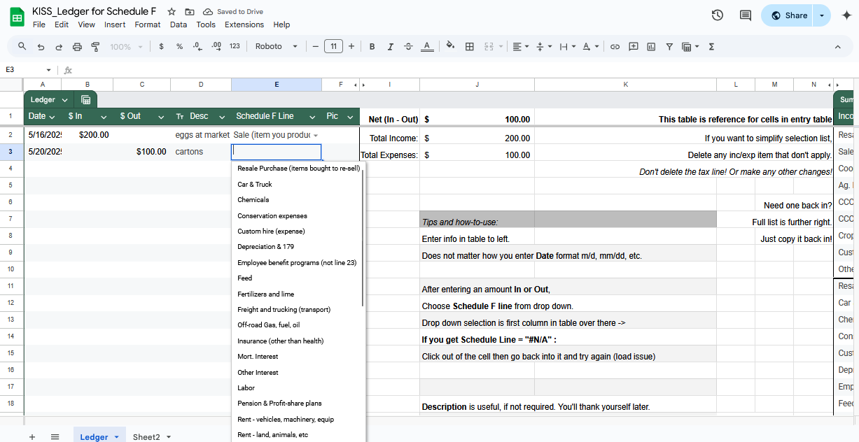 Companion Spreadshhet - Schedule F Ledger for Farmers