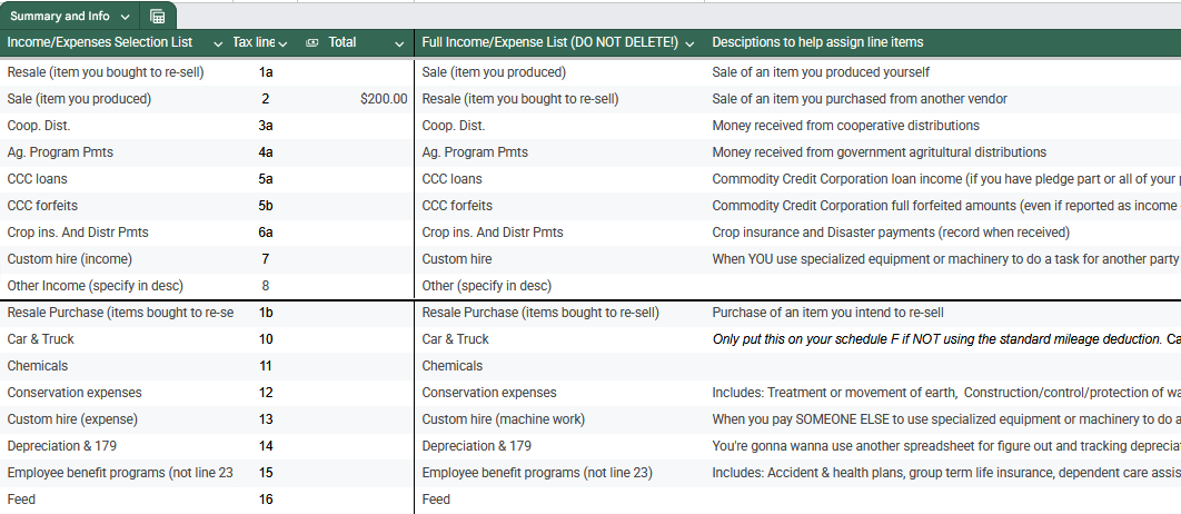 Companion Spreadshhet - Schedule F Ledger for Farmers