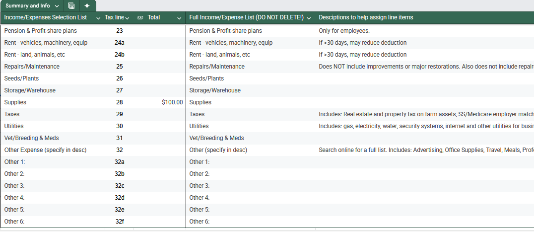 Companion Spreadshhet - Schedule F Ledger for Farmers
