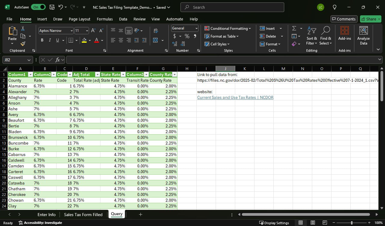 NC Sales Tax Spreadsheet with Auto-Updating County Rates
